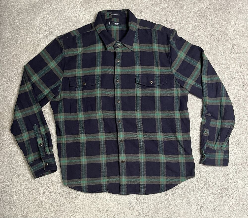 Lucky Brand Flannel Shirt Men's XL Navy Blue Plaid Button Up Long Sleeve